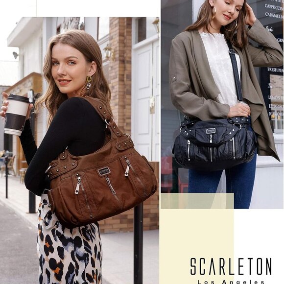 Women’s Large Vegan Leather Hobo Bag with Multiple Pockets and Shoulder Strap - Picture 2 of 6